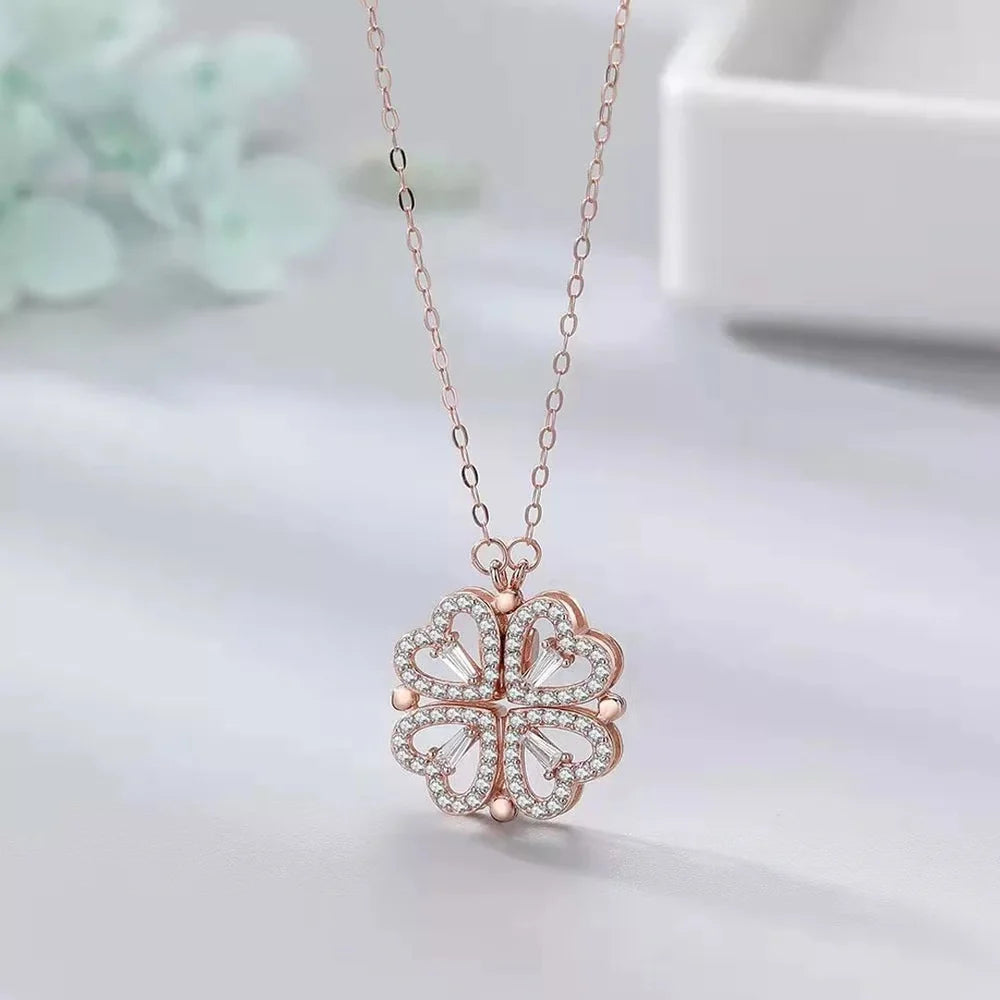Seoul Style 4 Magnetic Heart and leaf Clover, 2 in 1 Necklace Chain Pendant