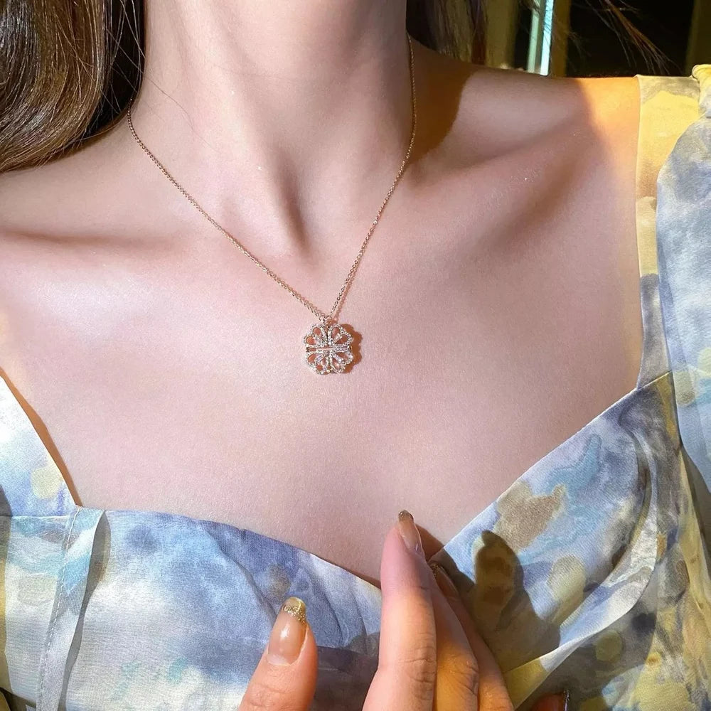 Seoul Style 4 Magnetic Heart and leaf Clover, 2 in 1 Necklace Chain Pendant