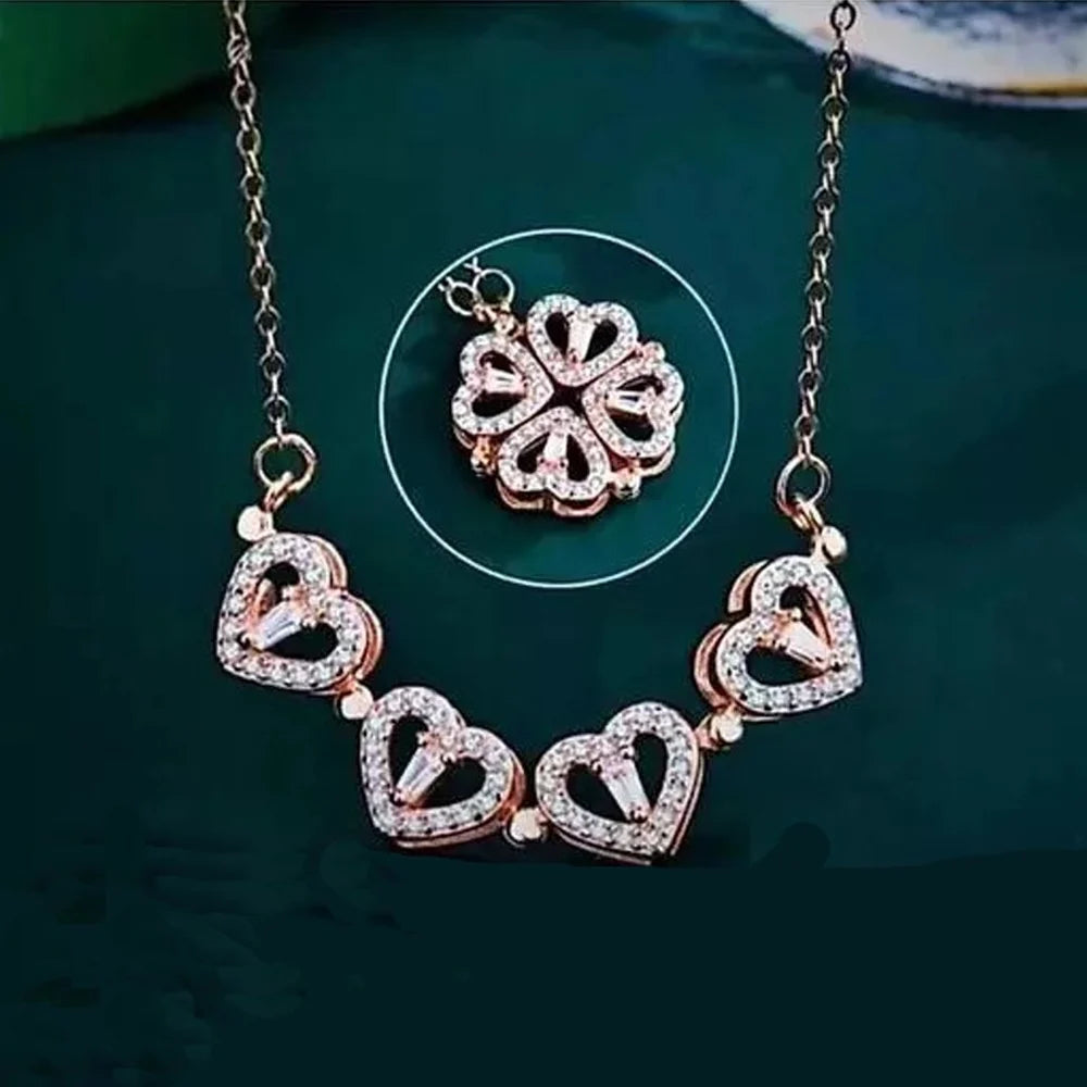 Seoul Style 4 Magnetic Heart and leaf Clover, 2 in 1 Necklace Chain Pendant