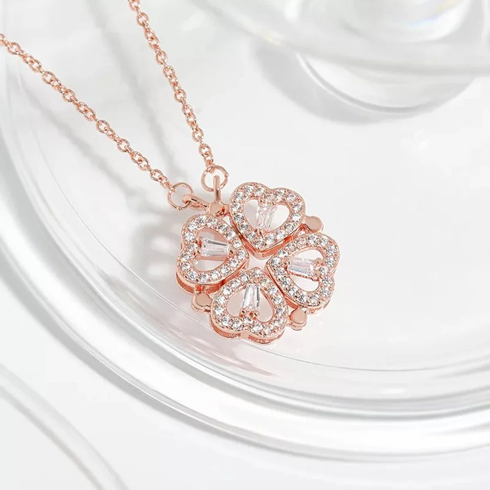 Seoul Style 4 Magnetic Heart and leaf Clover, 2 in 1 Necklace Chain Pendant