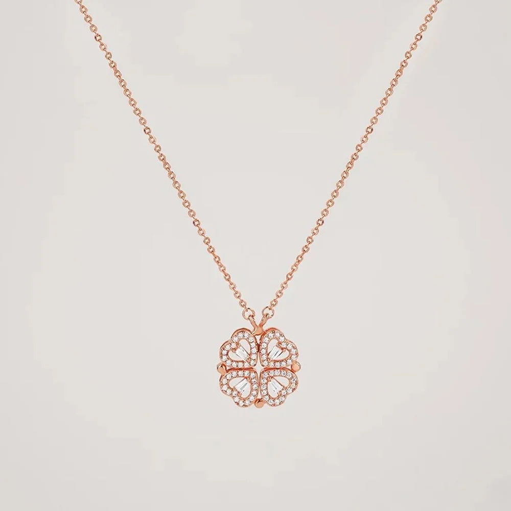 Seoul Style 4 Magnetic Heart and leaf Clover, 2 in 1 Necklace Chain Pendant